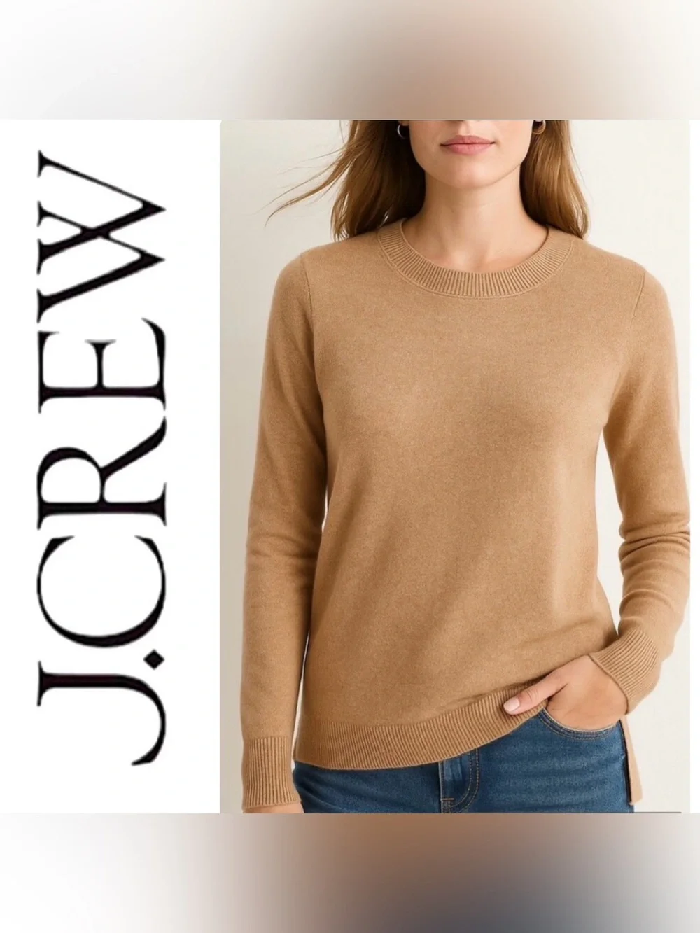 J. Crew everyday 100% cashmere crewneck sweater in heather camel- size M